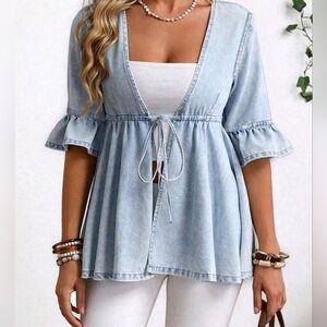 Light Wash Blue Tie-Front Women’s Peplum Top